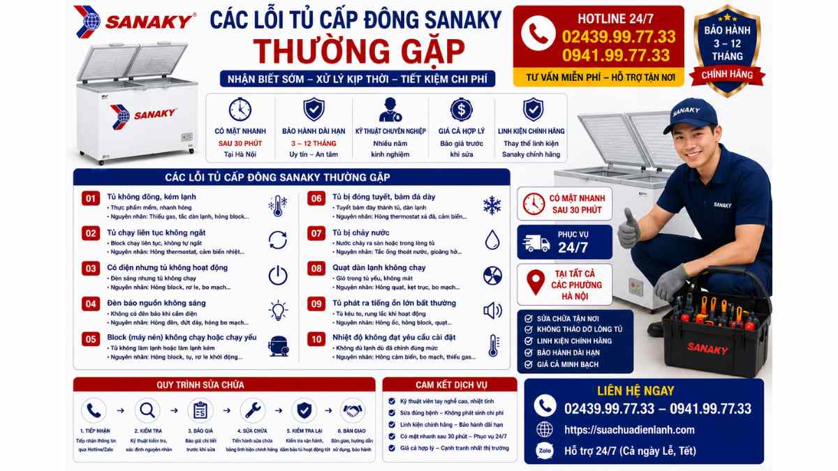 Các Lỗi Tủ Cấp Đông Sanaky Thường Gặp https://suachuadienlanh.com HOTLINE: 02439.99.77.33 – 0941.99.77.33